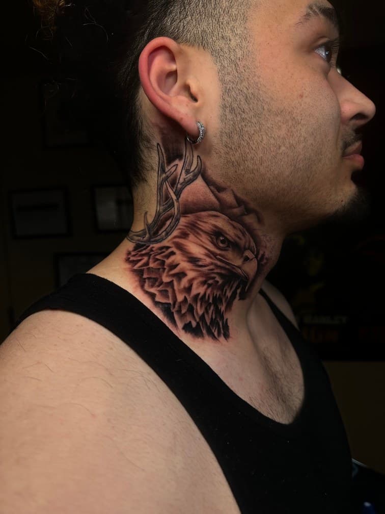 Realism + Black & Grey eagle tattoo on Neck (Side) by Trevion on TattMe