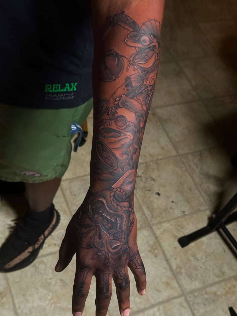 Black & Grey + Black-work frogs tattoo on Forearm by Trevion on TattMe