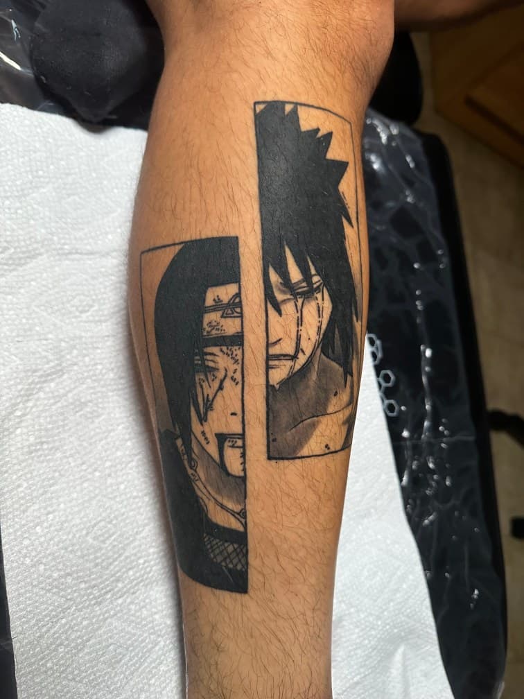 Anime + Black-work manga tattoo on Calf by Trevion on TattMe