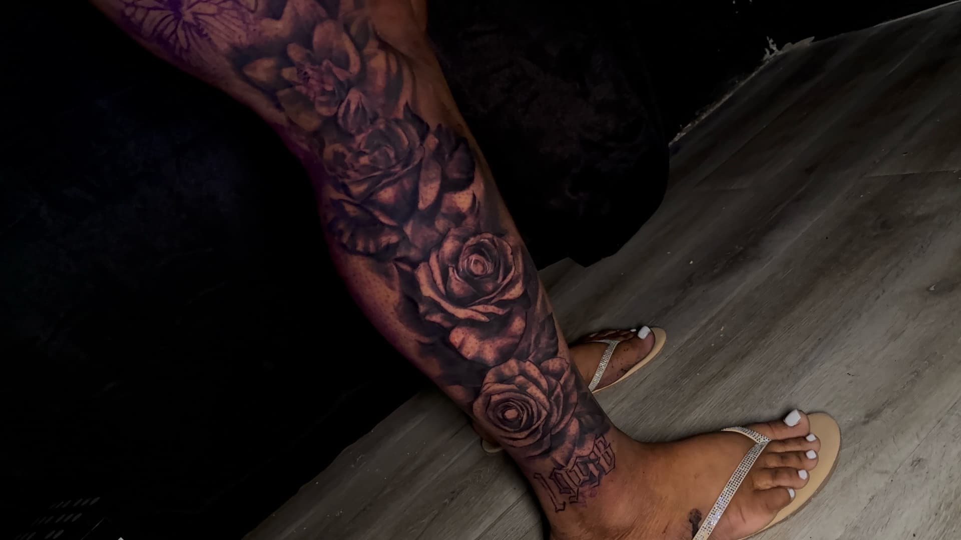 Black & Grey + Floral roses tattoo on Calf by kiddd_ink on TattMe