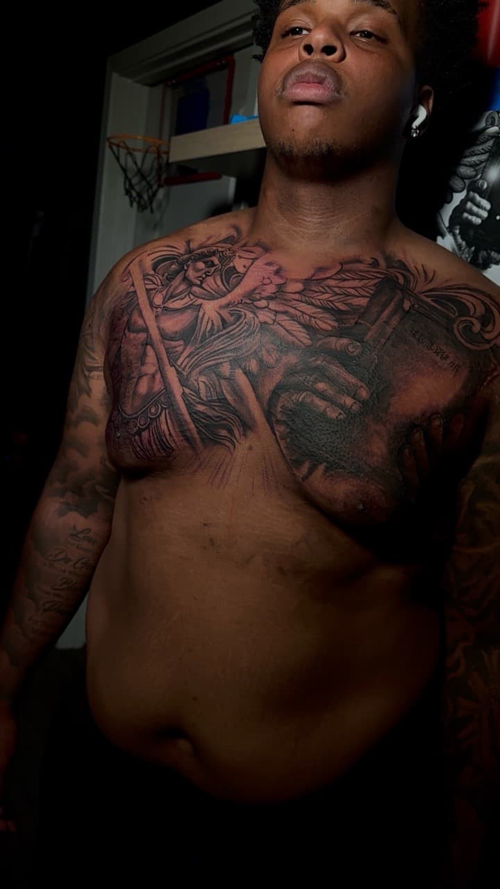 Black & Grey + Illustrative angel tattoo on Chest by kiddd_ink on TattMe