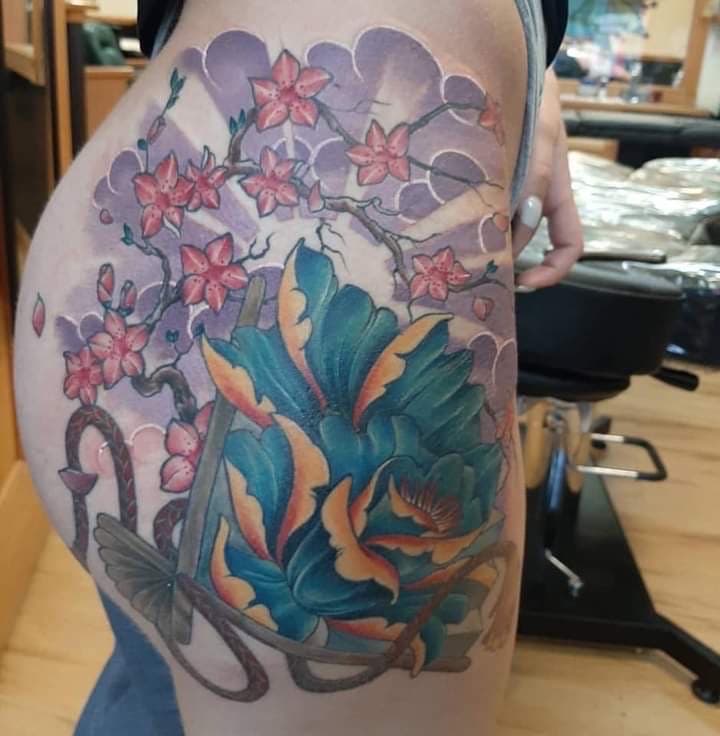 Neo-Traditional + Japanese flower tattoo on Hip by Tattoos_By_Kev_TBK on TattMe