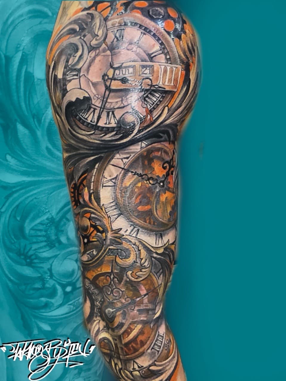 Color + Illustrative clocks tattoo on Full Sleeve by Tattoos_By_Kev_TBK on TattMe