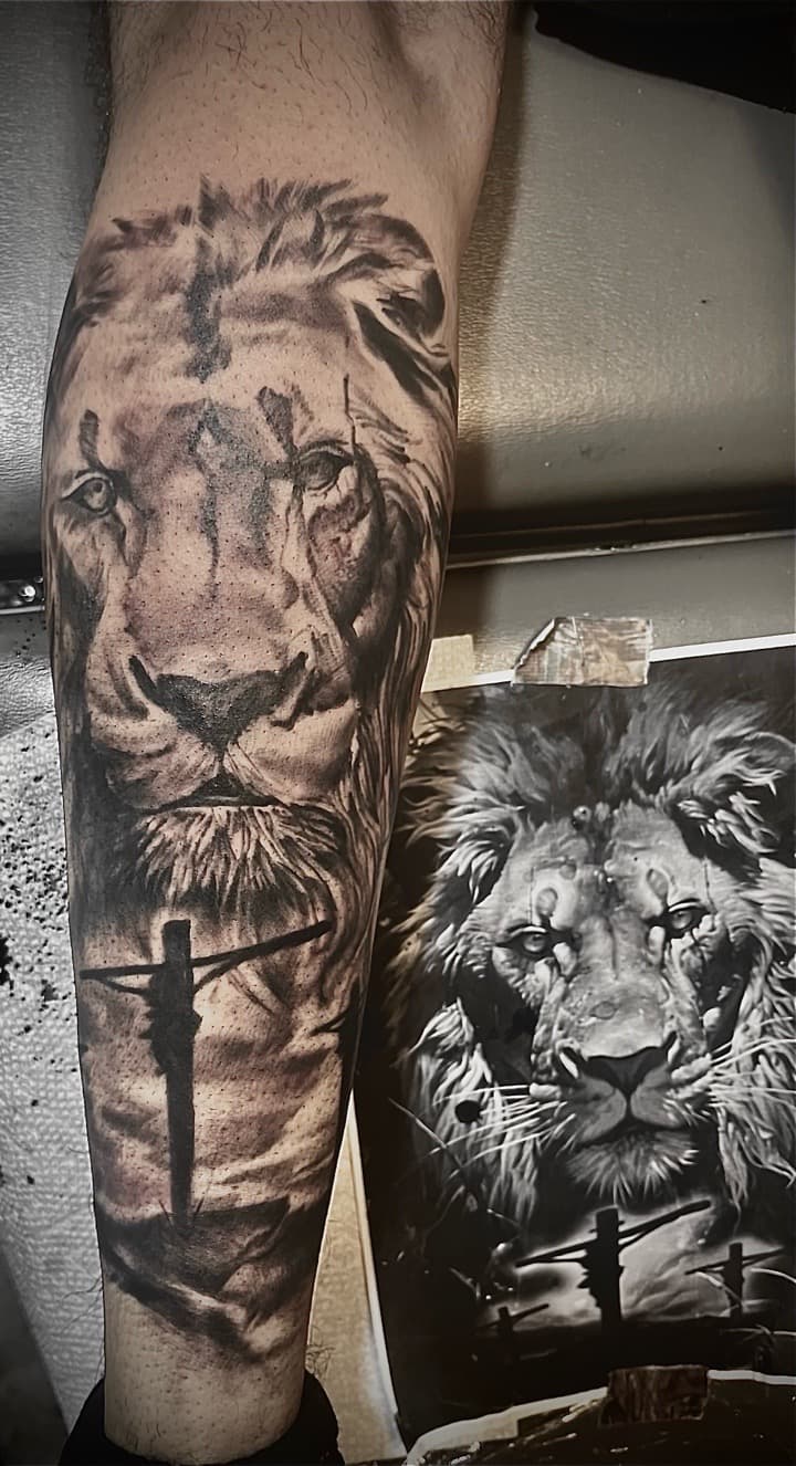 Black & Grey + Realism lion tattoo on Calf by Tattoos_By_Kev_TBK on TattMe