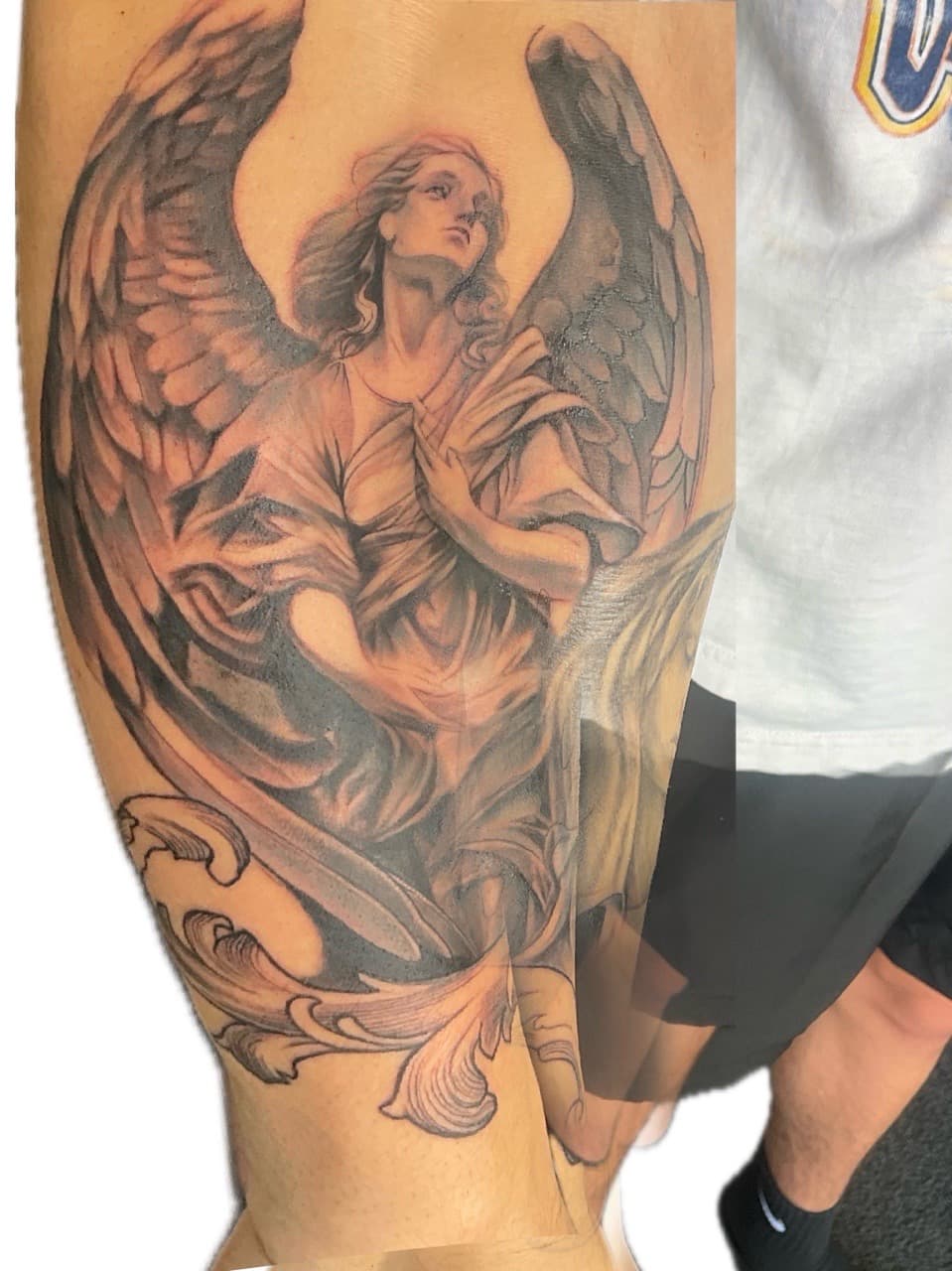 Black & Grey + Realism angel tattoo on Calf by Tattoos_By_Kev_TBK on TattMe