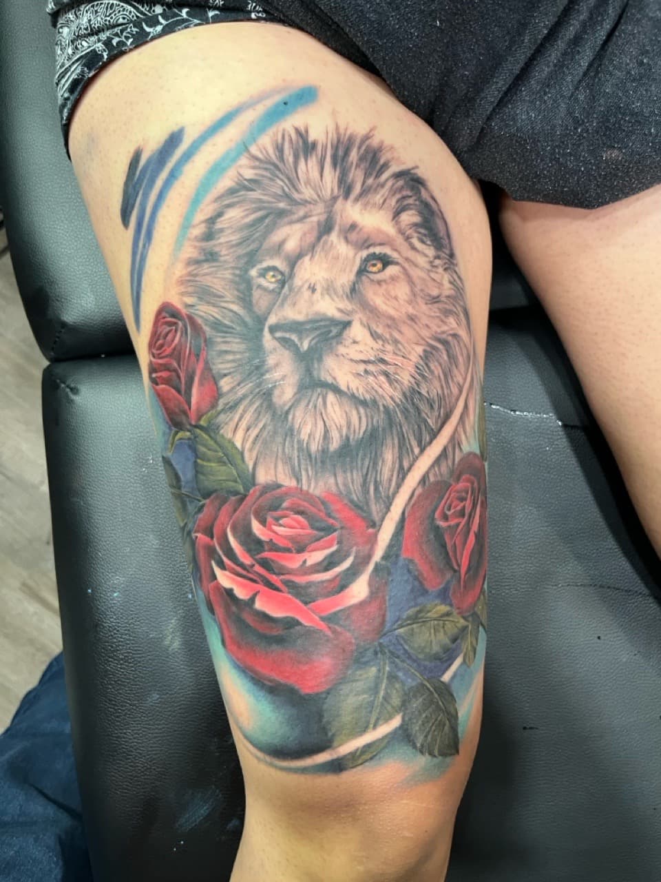 Realism + Color lion tattoo on Thigh by Tattoos_By_Kev_TBK on TattMe