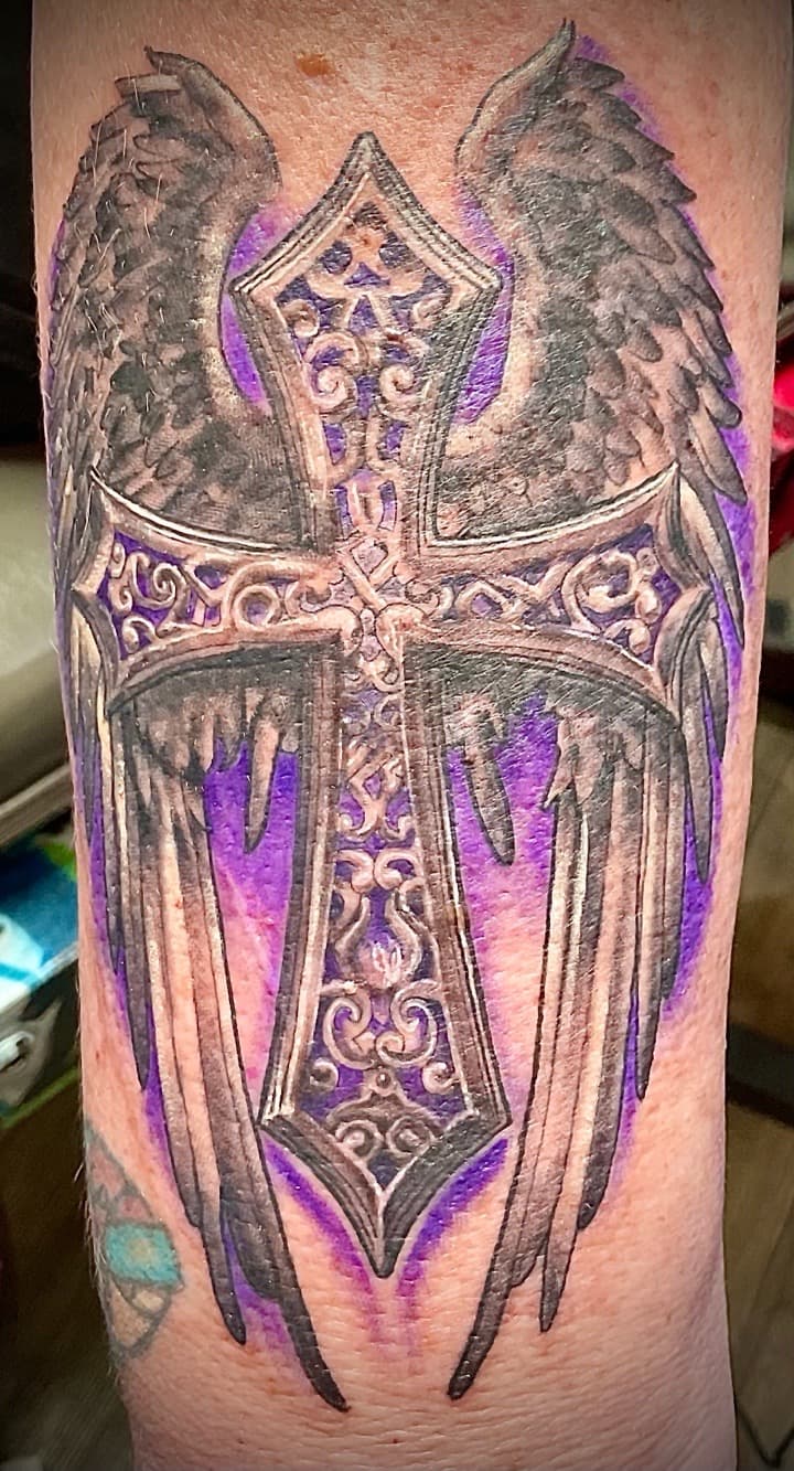Black & Grey + Illustrative cross tattoo on Upper Arm by Tattoos_By_Kev_TBK on TattMe