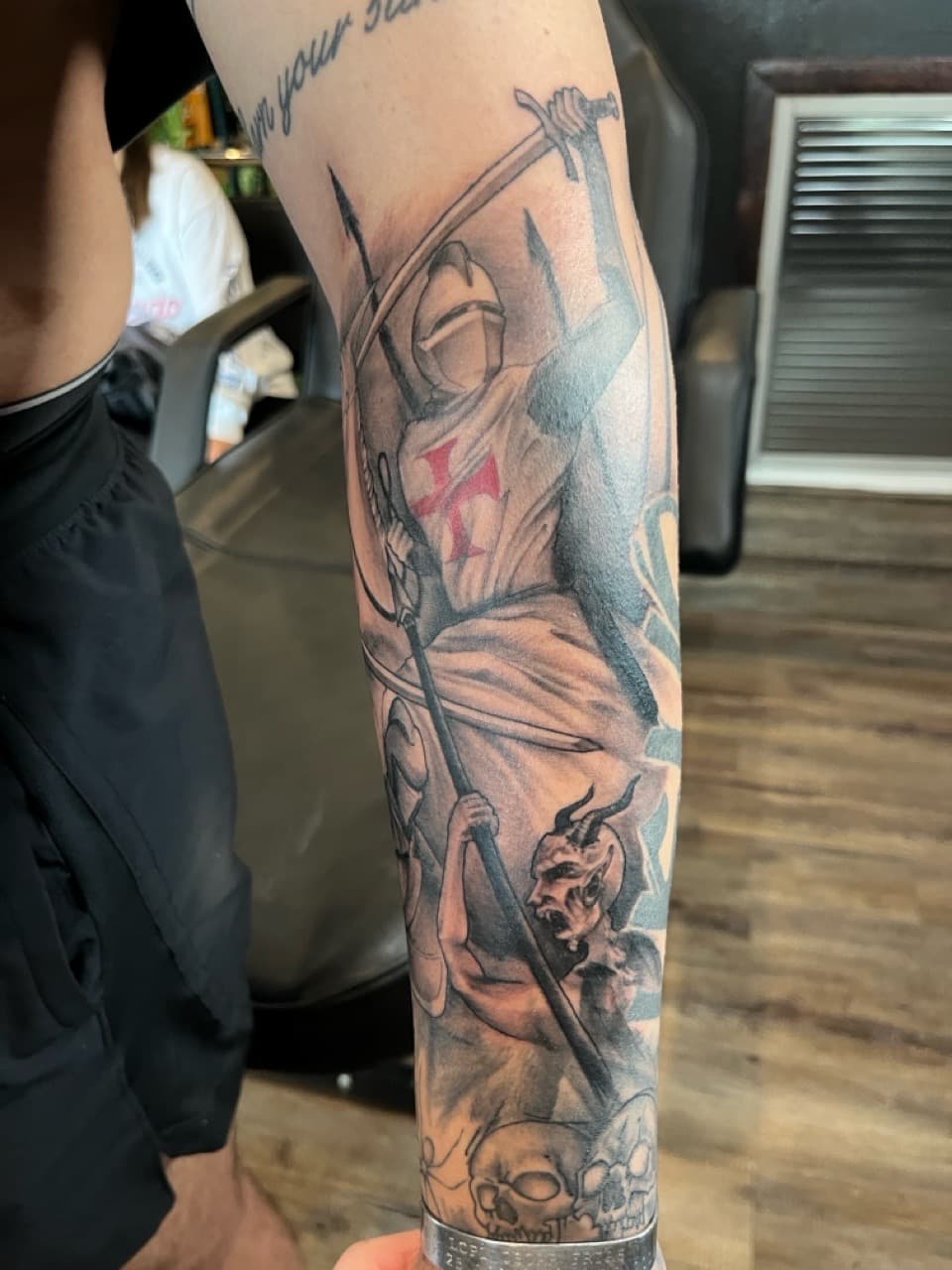 Black & Grey + Realism knight tattoo on Upper Arm by Tattoos_By_Kev_TBK on TattMe