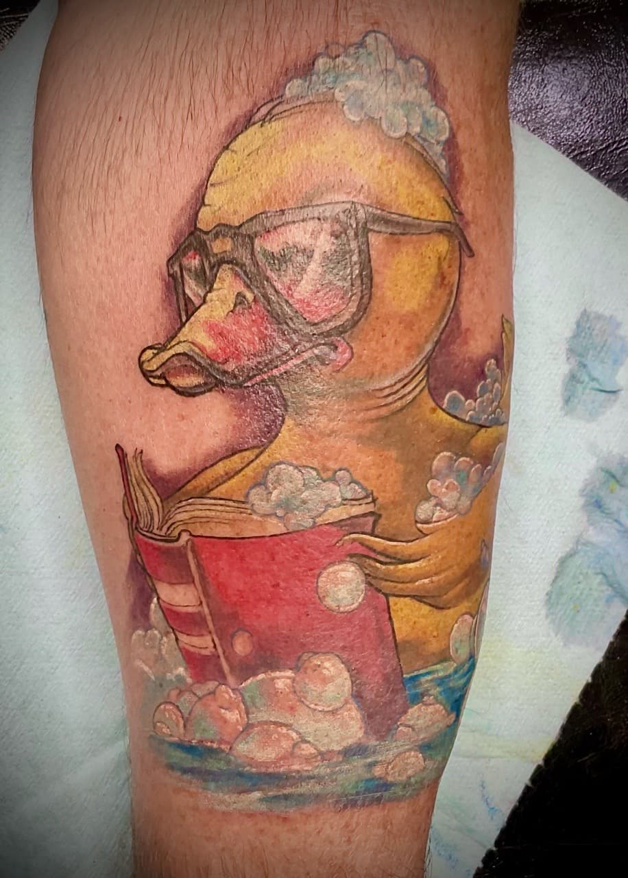 Color + Illustrative rubber duck tattoo on Calf by Tattoos_By_Kev_TBK on TattMe