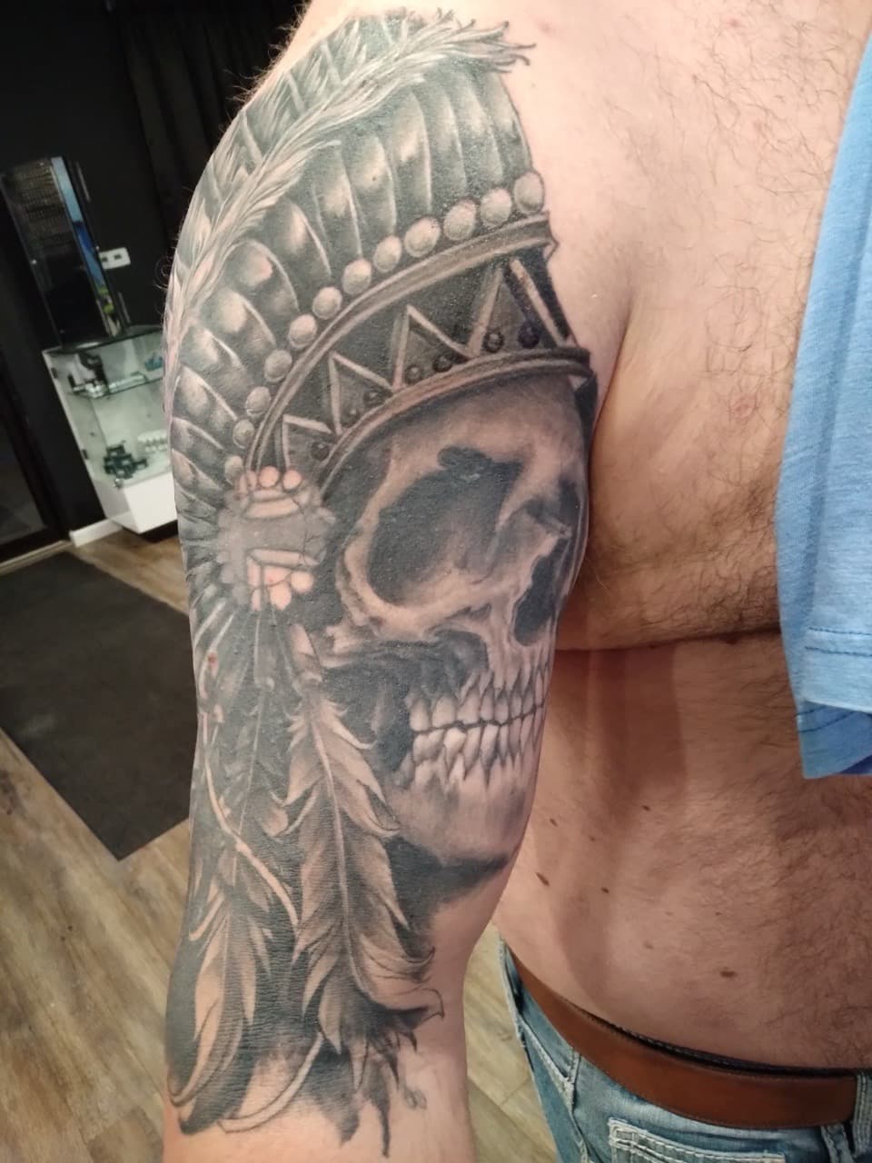Black & Grey + Illustrative skull tattoo on Upper Arm by Tattoos_By_Kev_TBK on TattMe