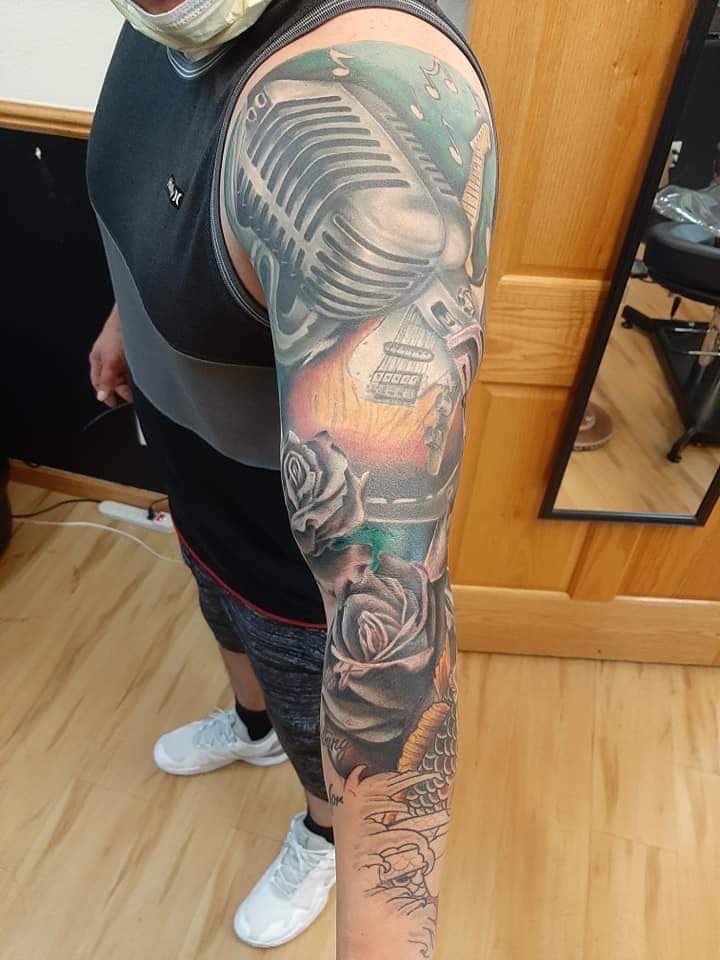 Black & Grey + Realism microphone tattoo on Full Sleeve by Tattoos_By_Kev_TBK on TattMe