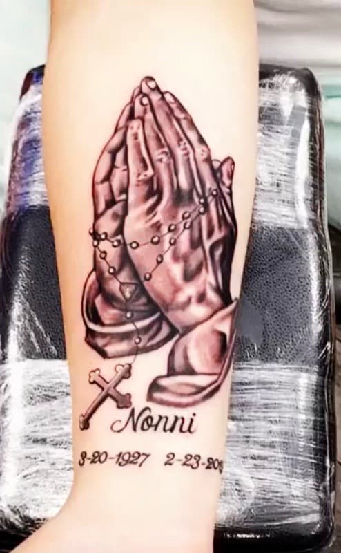 Black & Grey + Lettering praying hands tattoo on Forearm by KD_INKORPORATED on TattMe