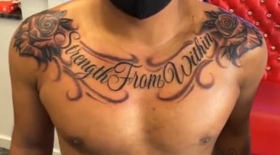 Lettering + Script roses tattoo on Chest by KD_INKORPORATED on TattMe