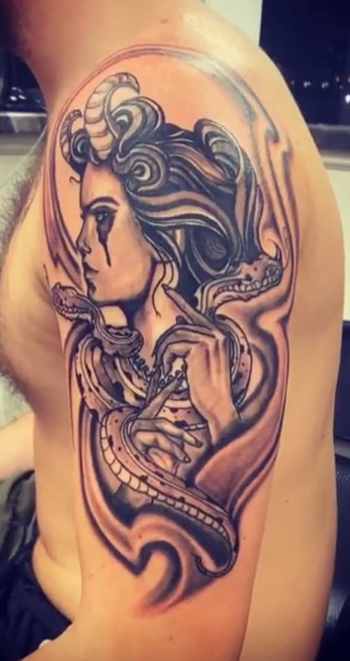 Black & Grey + Illustrative medusa tattoo on Upper Arm by KD_INKORPORATED on TattMe