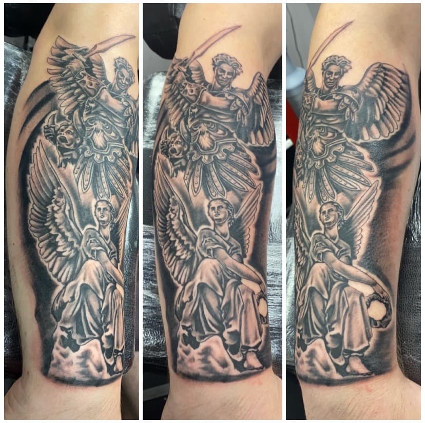 Black & Grey + Illustrative angels tattoo on Forearm by KD_INKORPORATED on TattMe