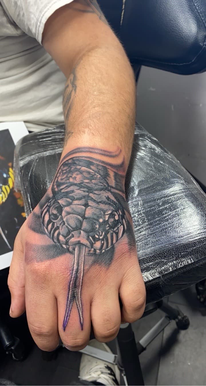Black & Grey + Realism snake tattoo on Hand by KD_INKORPORATED on TattMe