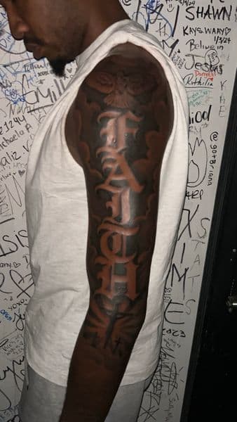 Lettering + Script faith tattoo on Half Sleeve by KD_INKORPORATED on TattMe