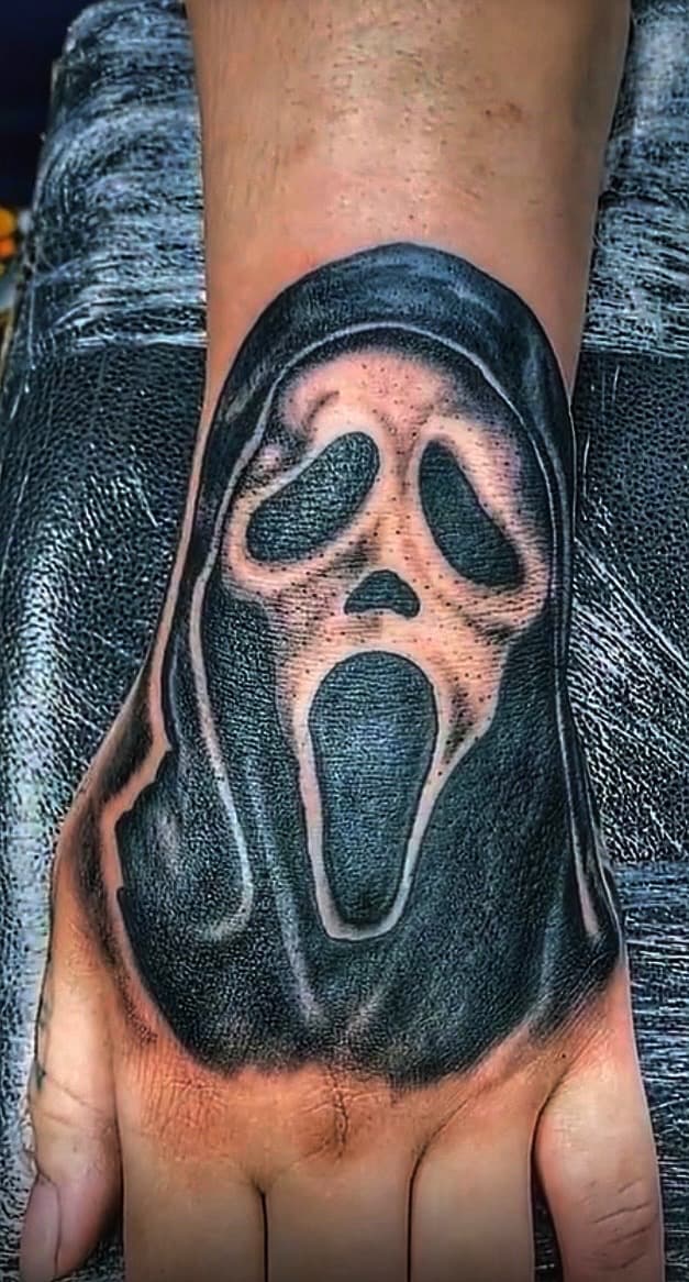 Black & Grey + Realism ghostface tattoo on Hand by KD_INKORPORATED on TattMe