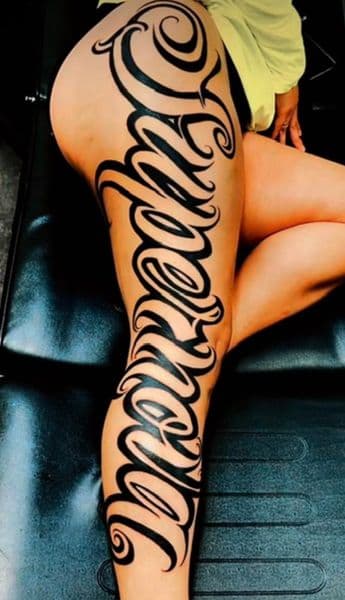 Lettering + Script word tattoo on Full Leg Sleeve by KD_INKORPORATED on TattMe