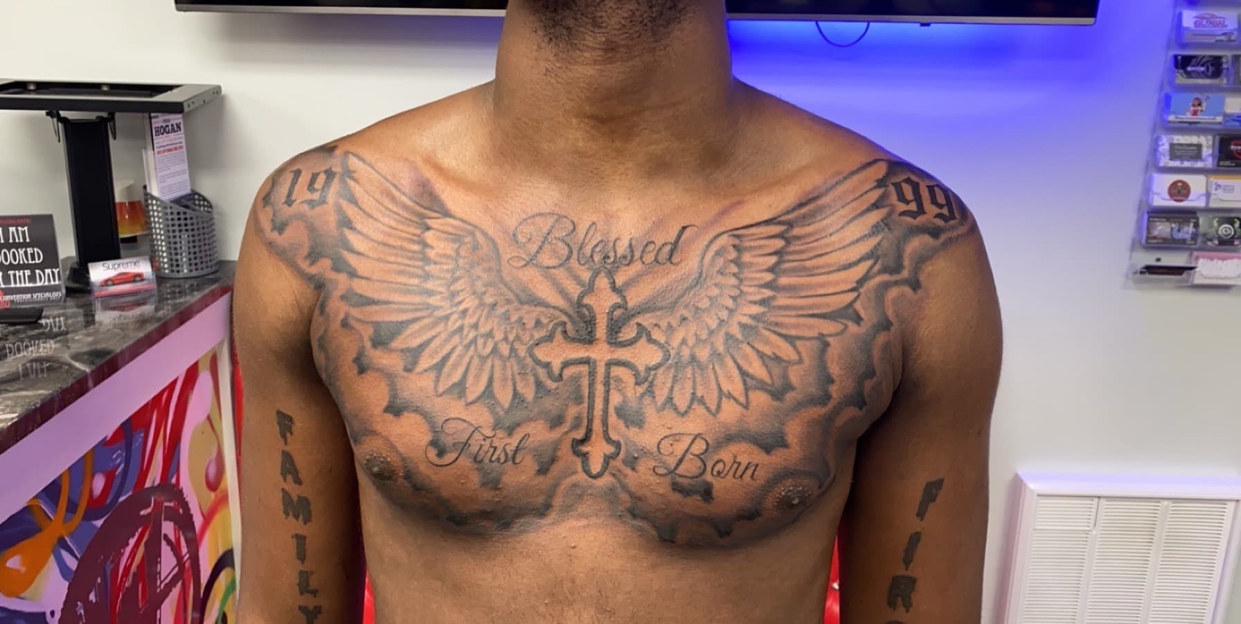 Black & Grey + Lettering cross tattoo on Chest by KD_INKORPORATED on TattMe