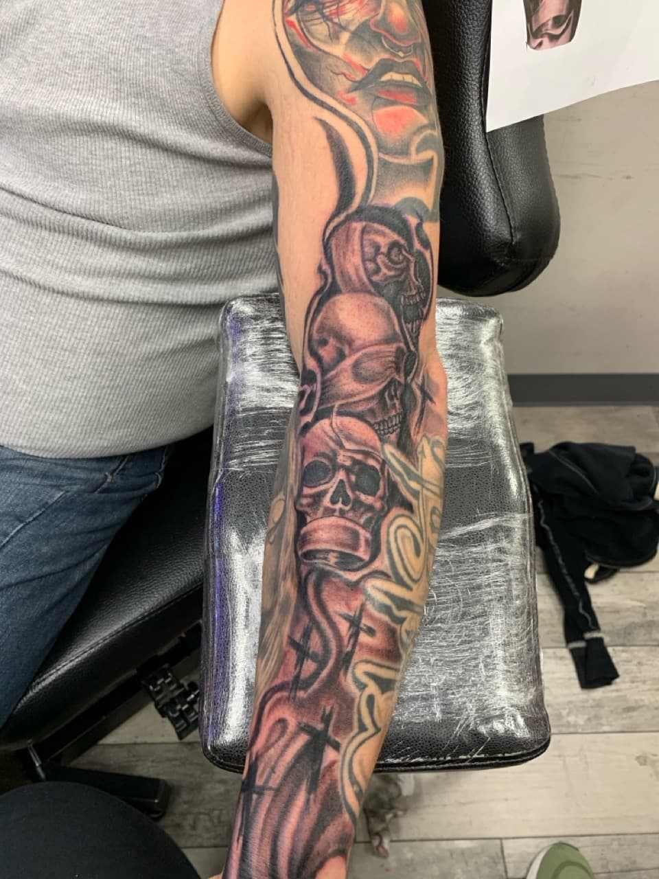 Black & Grey + Illustrative skulls tattoo on Full Sleeve by KD_INKORPORATED on TattMe