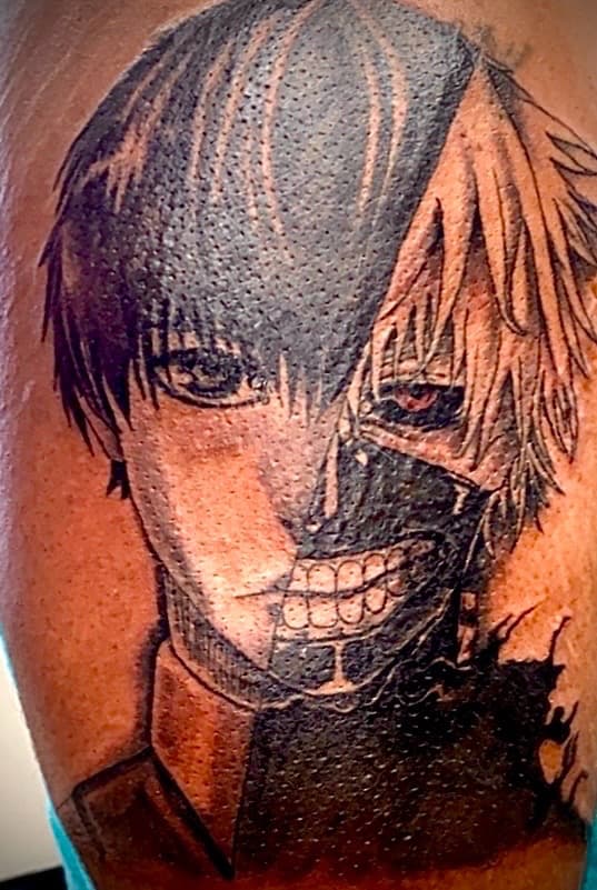 Anime + Black & Grey ghoul tattoo on Upper Arm by KD_INKORPORATED on TattMe
