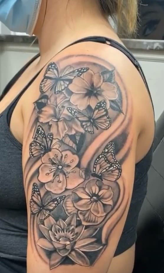 Black & Grey + Floral butterflies tattoo on Half Sleeve by KD_INKORPORATED on TattMe