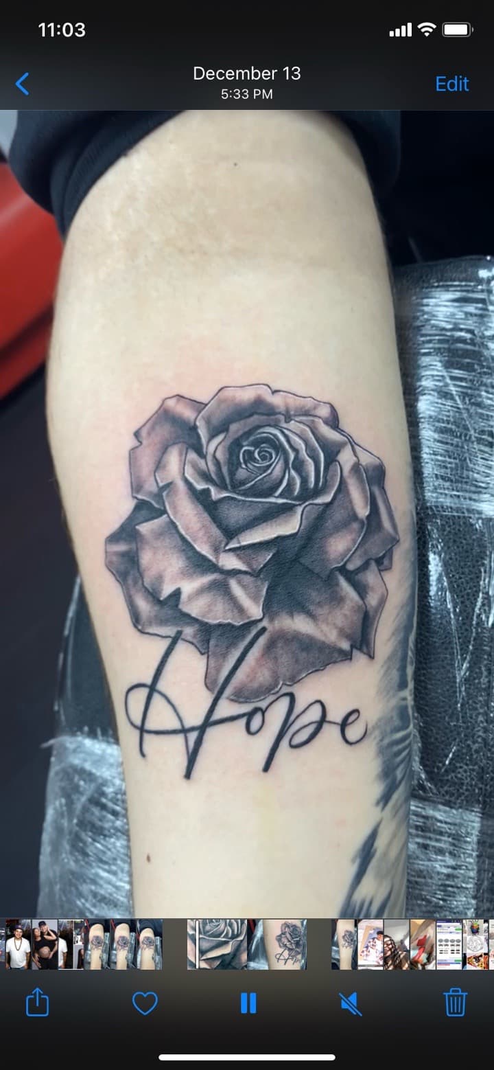 Black & Grey + Floral rose tattoo on Upper Arm by KD_INKORPORATED on TattMe