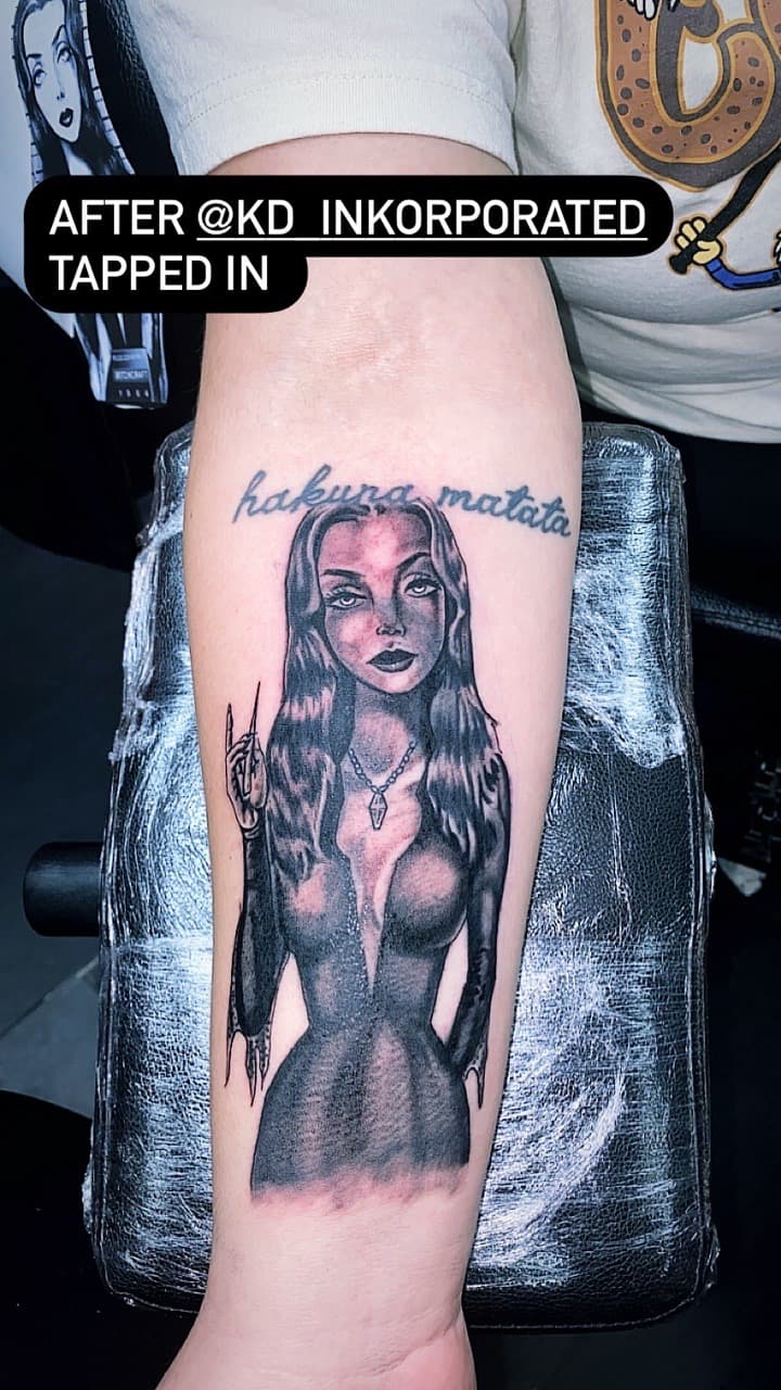 Black & Grey + Illustrative woman tattoo on Forearm by KD_INKORPORATED on TattMe