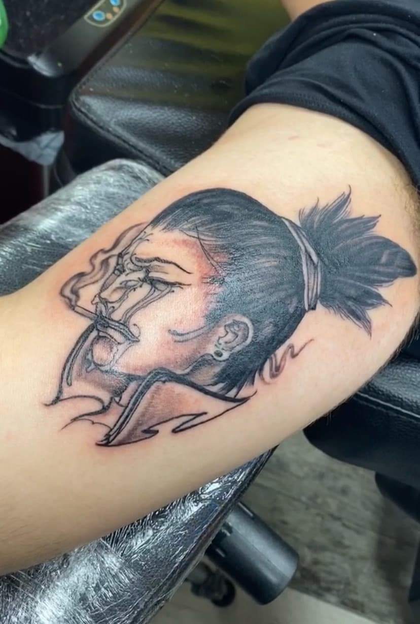 Black & Grey + Illustrative person tattoo on Upper Arm by KD_INKORPORATED on TattMe