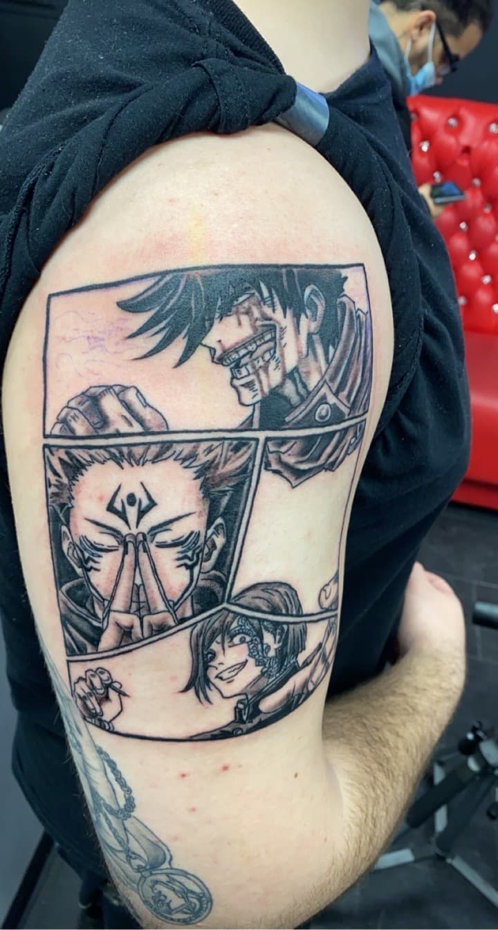 Anime + Black-work characters tattoo on Upper Arm by KD_INKORPORATED on TattMe
