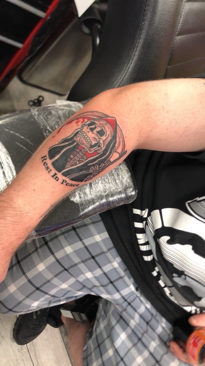 Traditional + Lettering grim reaper tattoo on Forearm by KD_INKORPORATED on TattMe