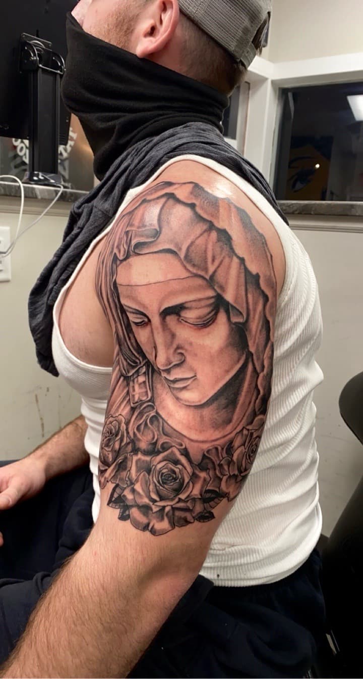 Black & Grey + Realism woman tattoo on Upper Arm by KD_INKORPORATED on TattMe