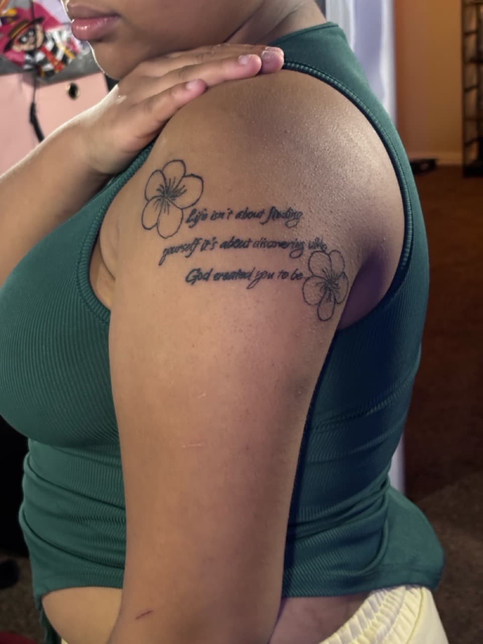 Fine Line + Lettering flowers tattoo on Upper Arm by inkedbylilm on TattMe