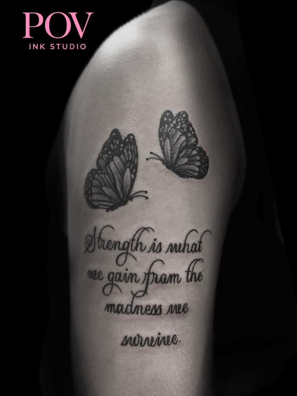 Black & Grey + Lettering butterflies tattoo on Upper Arm by The_Body_Art_Surgeon on TattMe
