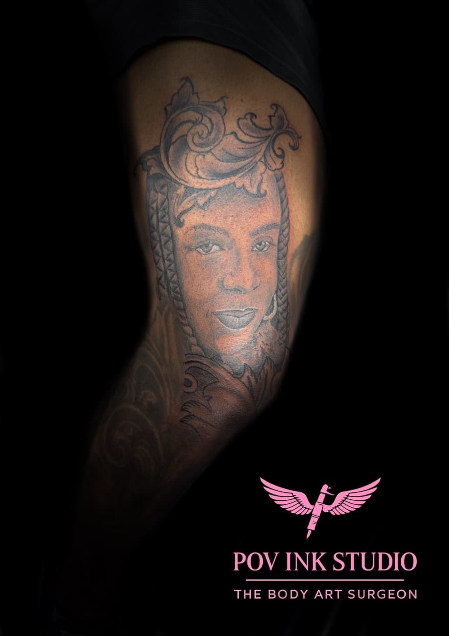 Black & Grey + Portrait woman tattoo on Upper Arm by The_Body_Art_Surgeon on TattMe