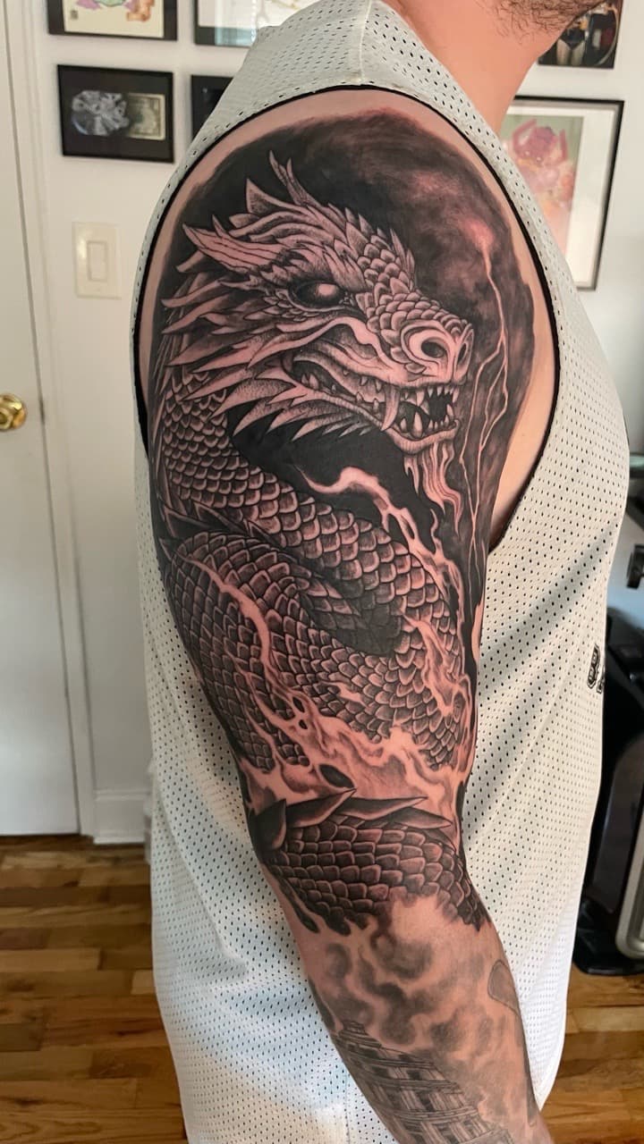 Black & Grey + Japanese dragon tattoo on Full Sleeve by Inksworth on TattMe