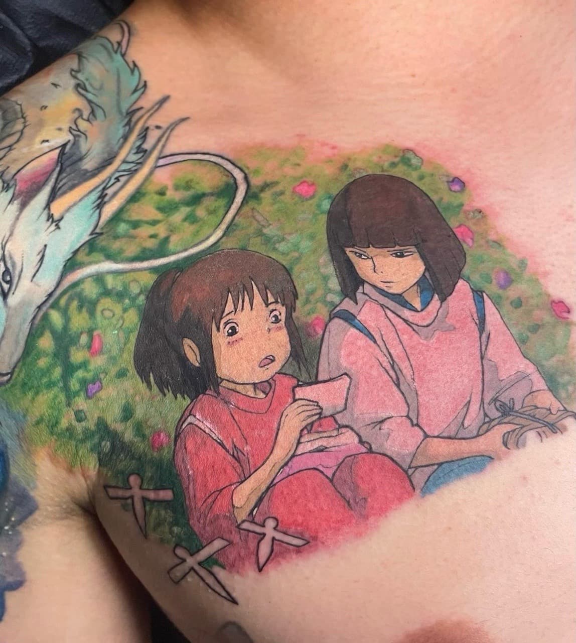Anime + Illustrative girls tattoo on Chest by Inksworth on TattMe