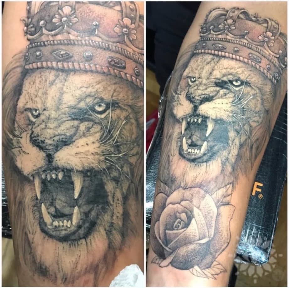 Black & Grey + Realism lion tattoo on Forearm by Inksworth on TattMe