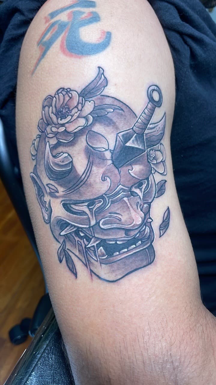 Black & Grey + Japanese hannya mask tattoo on Upper Arm by Inksworth on TattMe