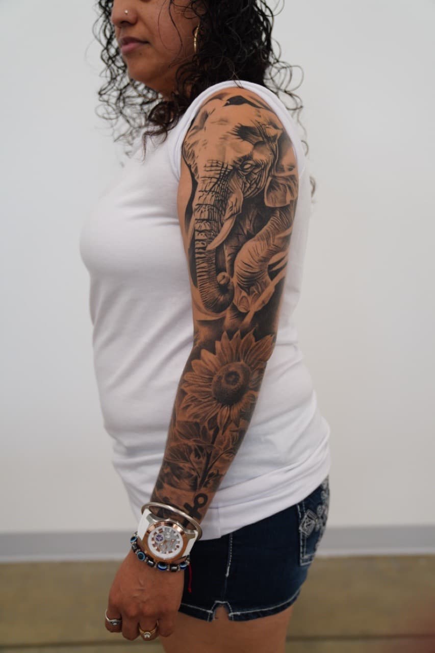 Black & Grey + Realism elephant tattoo on Full Sleeve by Upside_Tattoo on TattMe