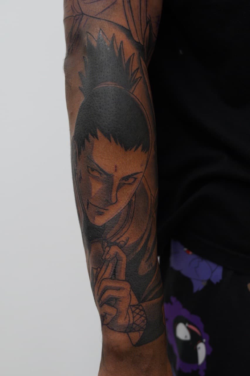 Anime + Black & Grey shikamaru tattoo on Upper Arm by Upside_Tattoo on TattMe