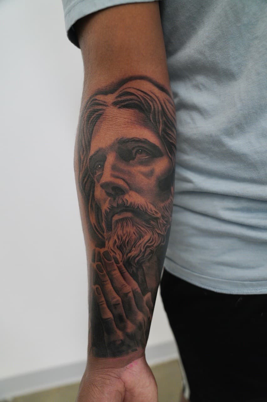Realism + Black & Grey jesus tattoo on Forearm by Upside_Tattoo on TattMe