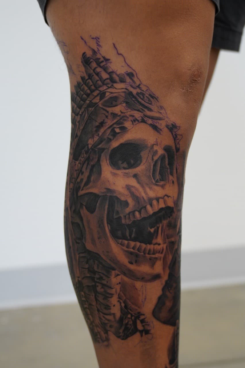 Black & Grey + Realism skull tattoo on Knee by Upside_Tattoo on TattMe
