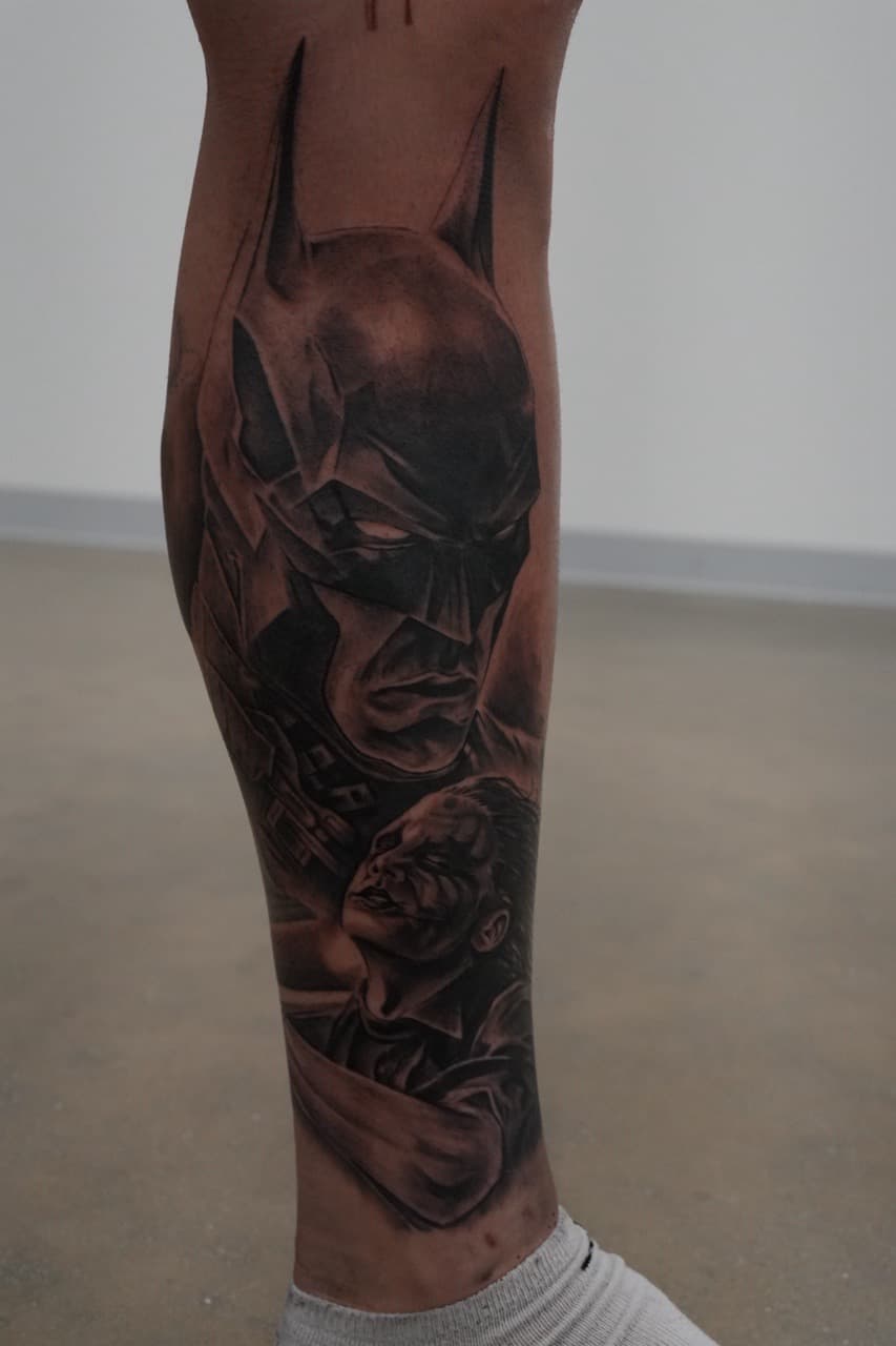 Black & Grey + Realism batman tattoo on Calf by Upside_Tattoo on TattMe