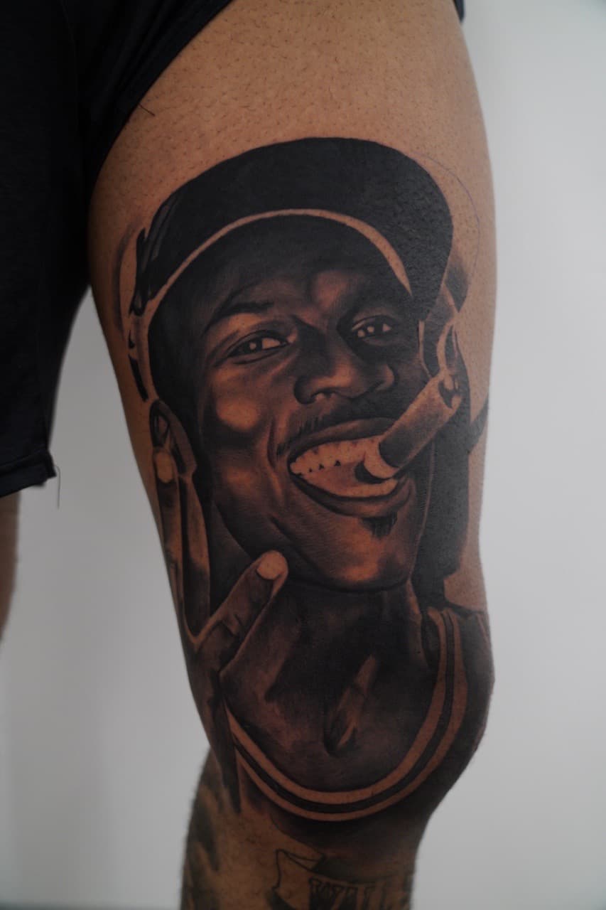 Portrait + Realism man tattoo on Thigh by Upside_Tattoo on TattMe