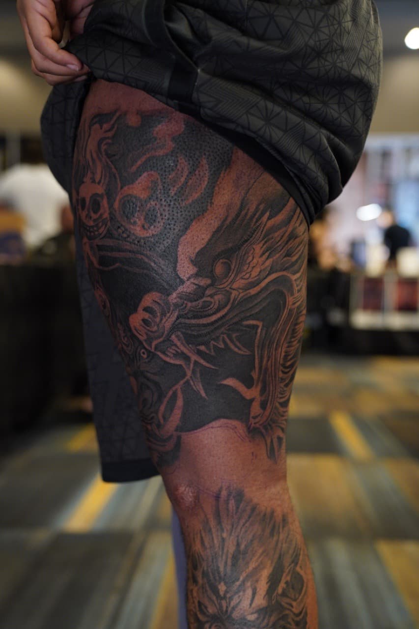 Japanese + Black-work dragon tattoo on Thigh by Upside_Tattoo on TattMe