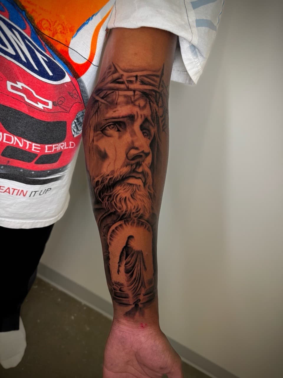 Black & Grey + Realism jesus tattoo on Forearm by Upside_Tattoo on TattMe