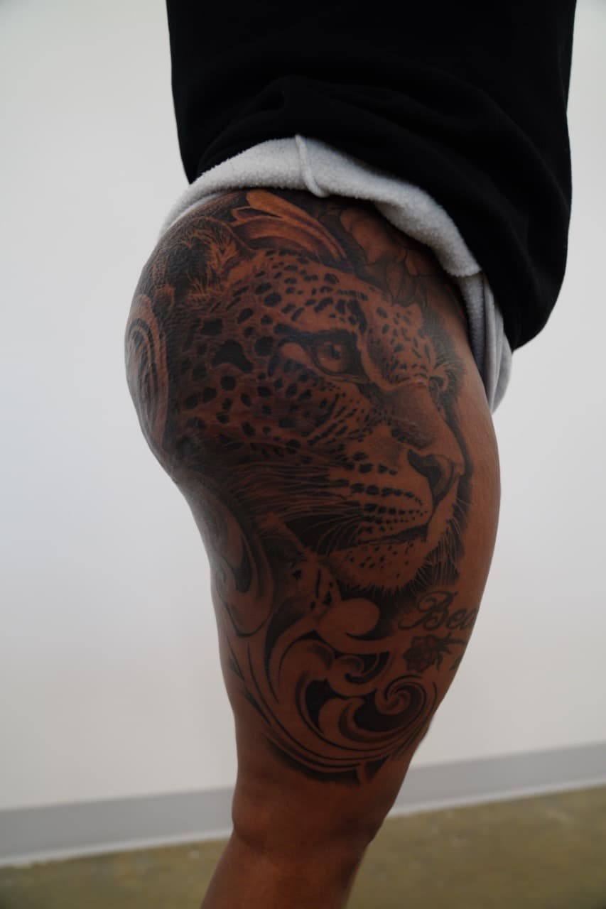 Realism + Black & Grey leopard tattoo on Thigh by Upside_Tattoo on TattMe
