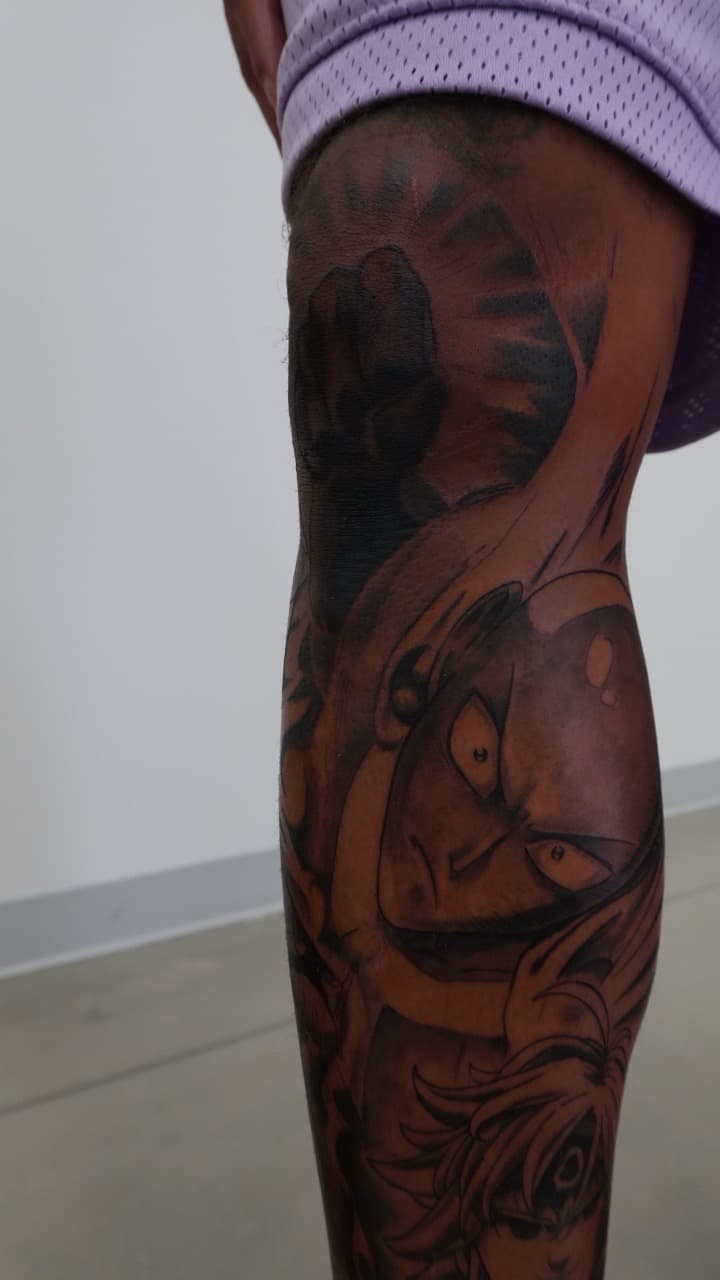 Anime + Black & Grey characters tattoo on Knee by Upside_Tattoo on TattMe